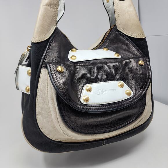 B. Makowsky Large Shoulder Bag Copenhagen Leather Mixed Media Beige Black Cream - Picture 2 of 11
